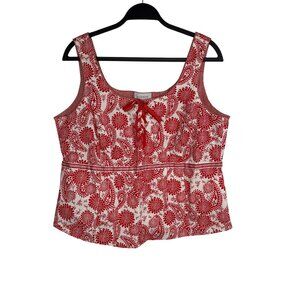 VNTG Avenue 97% Cotton Cottagecore Tank Red White Floral Lace-Up Plus Size 14/16